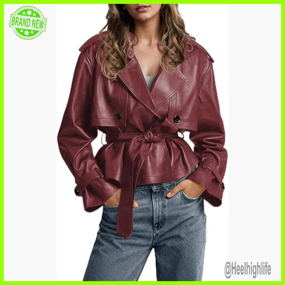 Short Faux Leather Trench Coat with Belt, Moto Style, Relaxed Fit
